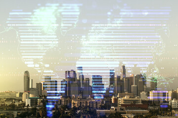 Poster - Multi exposure of abstract creative digital world map hologram on Los Angeles skyscrapers background, research and analytics concept