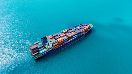 Aerial view of the freight shipping transport system cargo ship container. international transportation Export-import business, logistics, transportation industry concepts