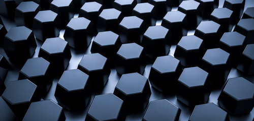 Aufkleber - Background of abstract black 3d hexagon background design dark honeycomb grid pattern. Abstract octagons dark 3d background. Black geometric background for design.