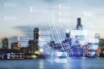 Poster - Multi exposure of abstract creative coding sketch and world map on blurry skyline background, artificial intelligence and neural networks concept