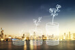 Double exposure of virtual cash savings hologram on Chicago city skyscrapers background. Development and achievement of goals concept