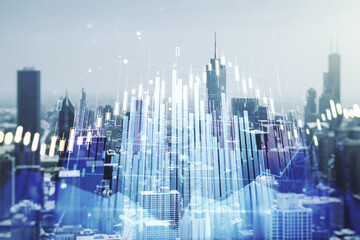 Poster - Double exposure of abstract creative financial chart hologram on Chicago skyscrapers background, research and strategy concept