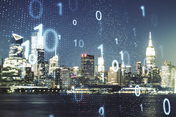 Aufkleber - Double exposure of abstract virtual binary code hologram on New York city skyscrapers background. Database and programming concept