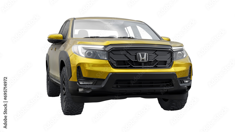 Yellow Ridgeline USA, Miami. December 14, 2023. Honda Ridgeline 2022. Yellow mid-size ...