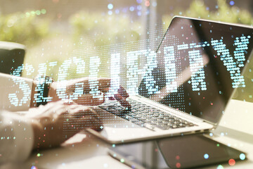 Aufkleber - Cyber security creative concept with hands typing on computer keyboard on background. Double exposure