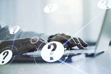 Aufkleber - Creative concept of question mark illustration and hands typing on laptop on background. FAQ and search concept. Multiexposure