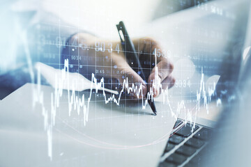 Poster - Multi exposure of abstract financial graph with hand writing in notebook on background, financial and trading concept
