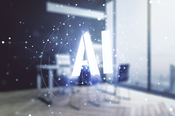 Aufkleber - Creative artificial Intelligence symbol concept and modern desktop with computer on background. Multiexposure