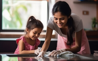 Little girl and mother cleaning the room