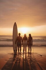 Wall Mural - Young group of friends walking along the sandy beach near the ocean at sunset with surfboards, outdoor activities and sports holidays