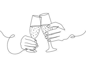 Wall Mural - Continuous Line Drawing of Champagne Glasses Black Sketch on White Background. Two Glasses Simple One Line Drawing. Minimal Hand Draw Illustration for Cafe, Party, Holiday, Invitation. Vector EPS 10