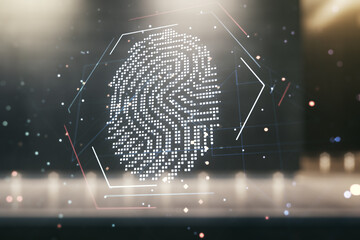 Aufkleber - Multi exposure of virtual graphic fingerprint sketch on blurry contemporary office building background, fingerprint scan data concept