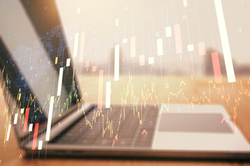 Aufkleber - Abstract creative financial graph with world map on modern laptop background, forex and investment concept. Multiexposure