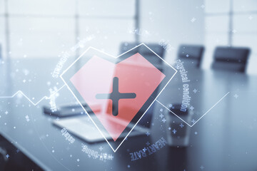 Poster - Creative abstract heart rate sketch on modern laptop background, Medicine and healthcare concept. Multiexposure