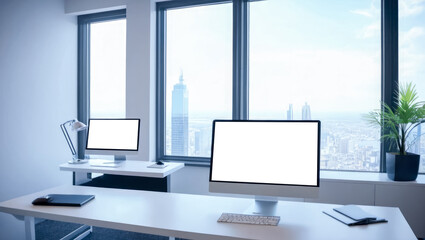 Poster - Workspace blank screen Computer and Equipment on table and window background. Blank screen computer and laptop on office table