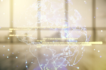 Aufkleber - Double exposure of abstract creative programming illustration and world map on empty room interior background, big data and blockchain concept