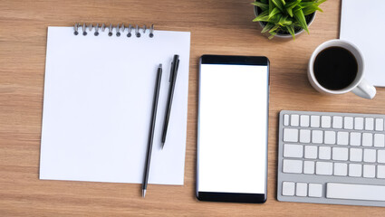 Poster - Business office design concept, table desk top view with mockup mobile phone, mockup notepad. flat lay mock up with empty copy space