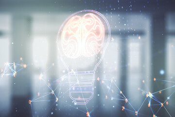 Poster - Double exposure of abstract virtual creative light bulb hologram with human brain on empty modern office background, idea and brainstorming concept