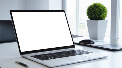 Poster - Workspace with Blank white Computer Screen. Desktop Computer Monitor with MockUp white Screen Display Standing on Desk in Modern Business Office.