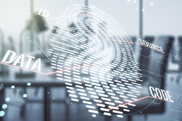 Aufkleber - Double exposure of virtual creative fingerprint hologram on modern corporate office background, research and development concept