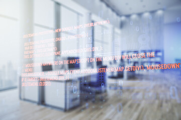 Aufkleber - Abstract virtual coding illustration on a modern furnished classroom background, software development concept. Multiexposure