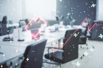 Poster - Abstract virtual heart rate sketch on a modern furnished office interior background, Medicine and healthcare concept. Multiexposure