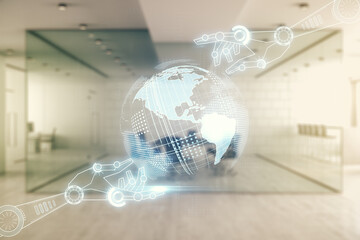 Aufkleber - Abstract virtual robotics technology sketch with globe on a modern furnished office interior background, future technology and AI concept. Double exposure