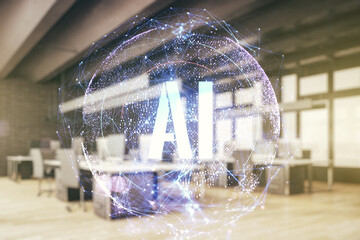 Aufkleber - Double exposure of creative artificial Intelligence abbreviation hologram on a modern furnished office interior background. Future technology and AI concept
