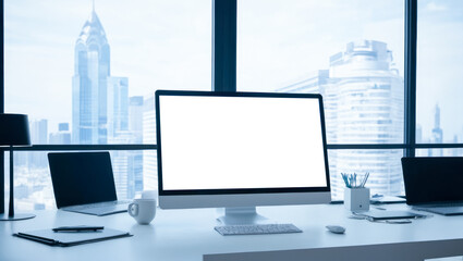 Poster - Workspace blank screen mockup Computer and Equipment on table and window big city view. Office Workplace Computer with white Blank Screen