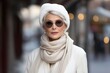Women's winter fashion clothing. Portrait of a stylish middle-aged woman in a white jacket and scarf, a successful senior lady with glasses on a city street