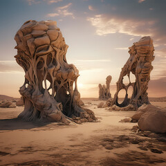 Wall Mural - Surreal desert landscape with rock formations resembling sculptures.