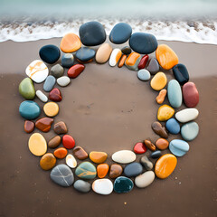 Canvas Print - Symmetrical arrangement of colorful stones on a tranquil beach