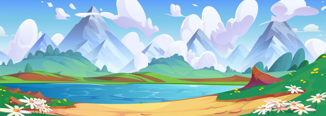 Wall Mural - Blue lake in spring mountain valley. Vector cartoon illustration of river flowing between green hills with flowers, bushes and grass, fluffy clouds above rocky peaks, beautiful scenery for recreation