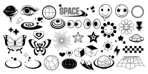 Poster - Retrowave black icons set isolated on white background. Vector illustration of y2k retro futuristic star, cube, planet, flower, butterfly, eyes, lollipop, sun, heart, wireframe landscape shape symbols