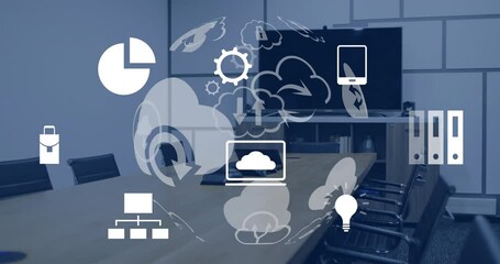 Poster - Animation of globe with icons and data processing over desk in office