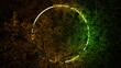 Luminous circle ring in foliage of tree branches on black background. Neon glow illumination, place for text. 3d render