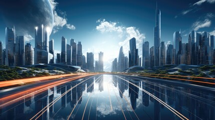 Canvas Print - A futuristic skyline featuring skyscrapers with innovative and sustainable. Generative AI.