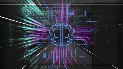 Poster - Animation of ai brain,data processing and circuit board connections over black background