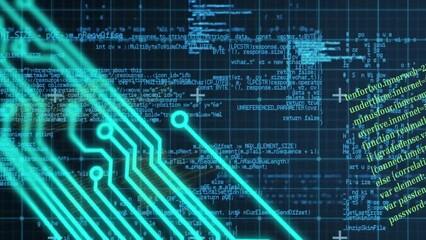 Poster - Animation of data processing and circuit board connections over black background
