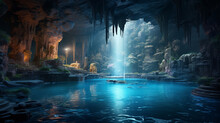 Bioluminescent Cave With A Serene Pool In The Middle