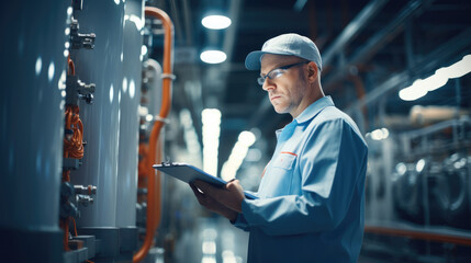 Poster - Engineer with clipboard overseeing production line machinery. Generative AI.