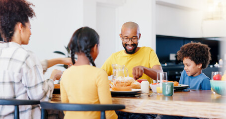 Poster - Happy family, food and parents with children for breakfast, lunch and eating together in home. African, meal and mom, dad and kids at table for bonding for health, nutrition and hunger in house