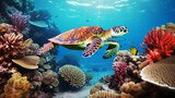 Fototapeta Do akwarium - Red sea diving big sea turtle sitting on colorful coral reef.