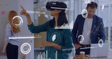 Poster - Animation of data processing over biracial businesswoman using vr headset