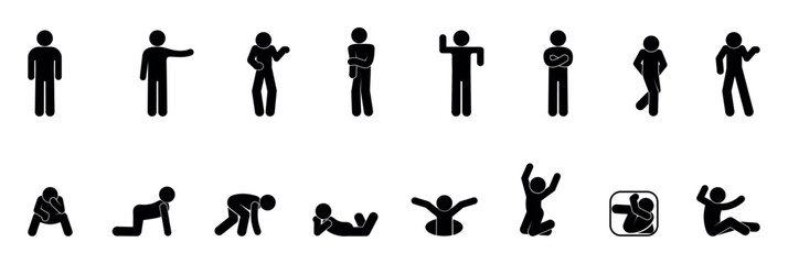 Wall Mural - stick figure man icon, set of poses and gestures