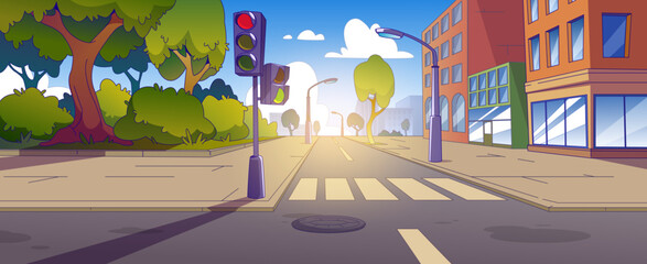 Wall Mural - City street intersection with sidewalk, traffic lights and zebra cross. Cartoon summer town landscape with multistorey buildings, road with crosswalk and pedestrian. Empty downtown highway corner.