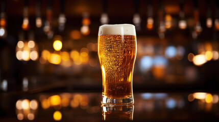 A light beer that is poured from beer tap on bar counter.