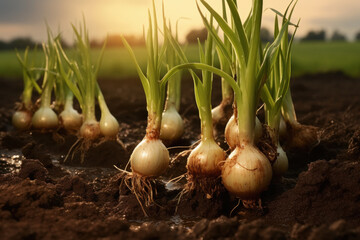 Wall Mural - Onion plants row growing on field