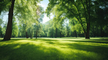 Fresh Green Nature, Trees In The Park With Green Grass And Sunlight.