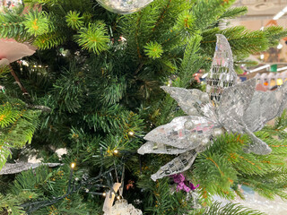 Decorated christmas tree with ornaments, closeup